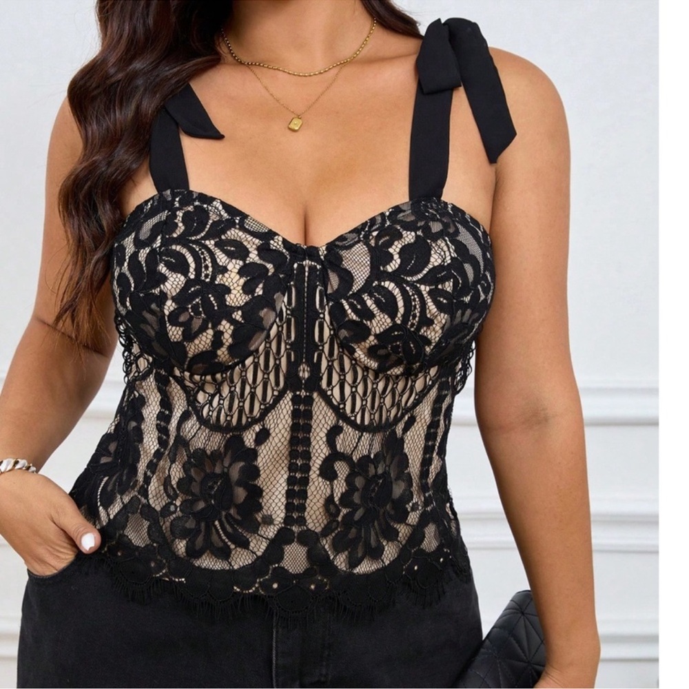 Plus Floral Lace Shoulder Tie Fitted Bustier Corset Top 1X 2X 3X 4X